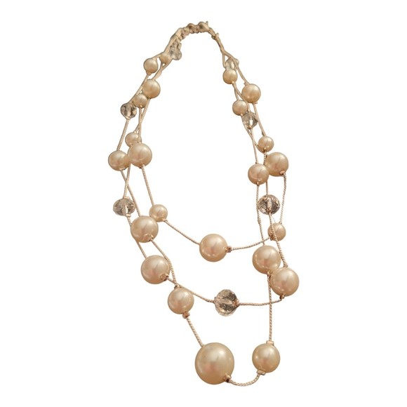 Vintage Faux Pearl Triple Strand Silver Tone and Clear Beaded Necklace 18" - Picture 1 of 2